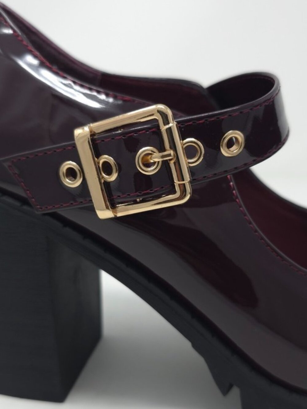 Burgundy Patent Faux Leather Mary Jane Platform Chunky Heel Lug Sole Trendy - Picture 9 of 11